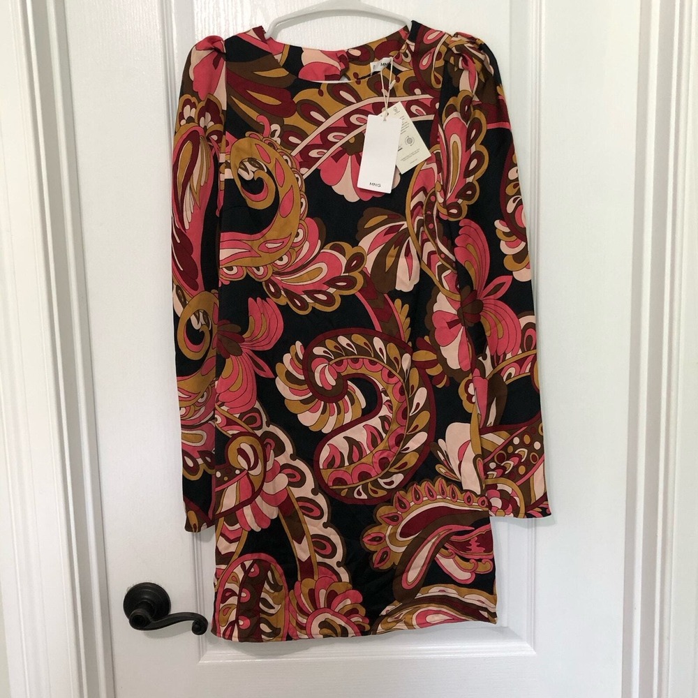 Mango MNG Womens Paisley Mini Dress Pink‎ Black Mustard Long Sleeve Size 0 NEW